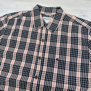 Carhartt Shirt Mens Medium Orange Black Check Short Sleeve Button Relaxed Fit